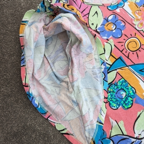 LULU-B floral bird print sequin cotton multicolor Tshirt batwing size Small - Picture 5 of 11